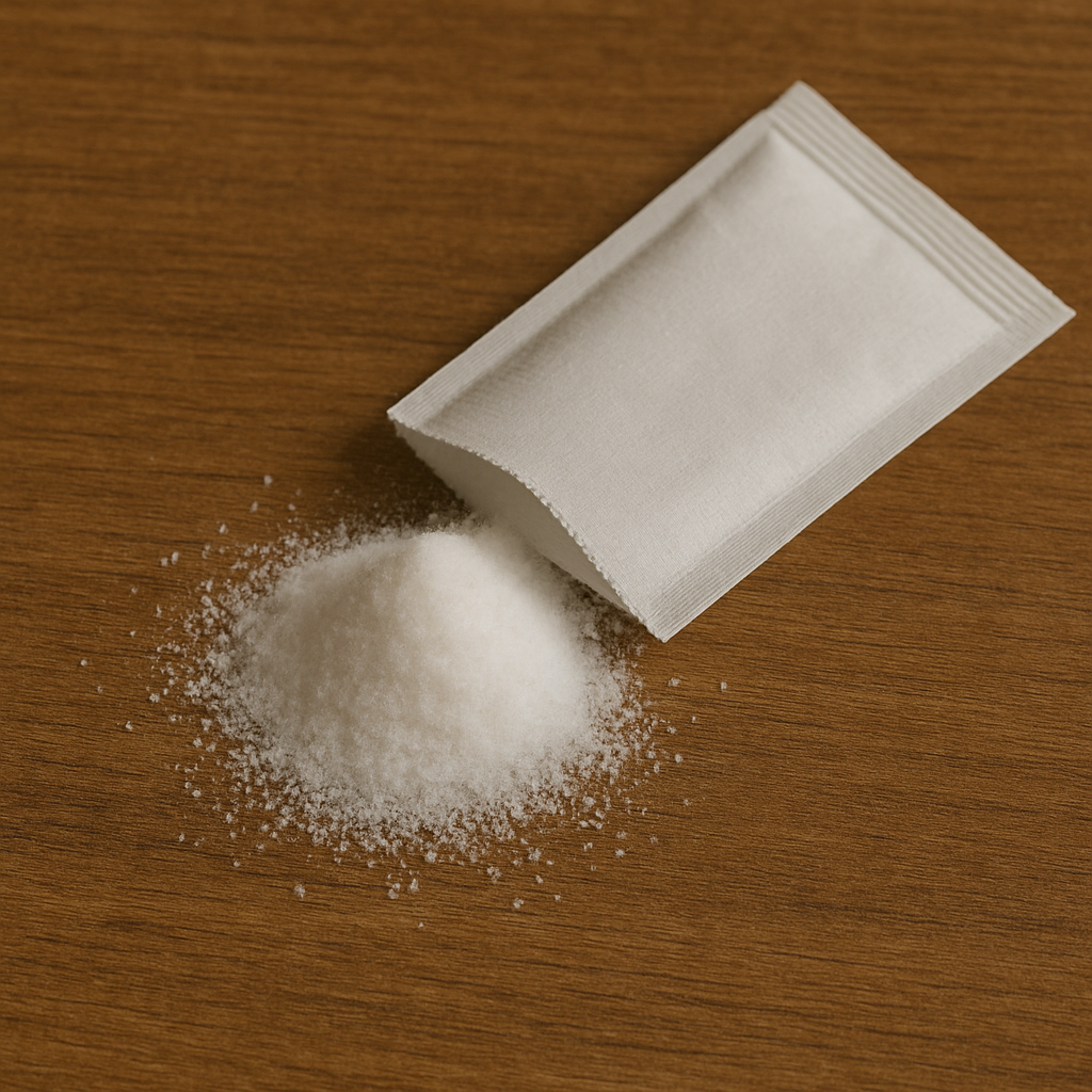 White packet of artificial sweetener spilling powder