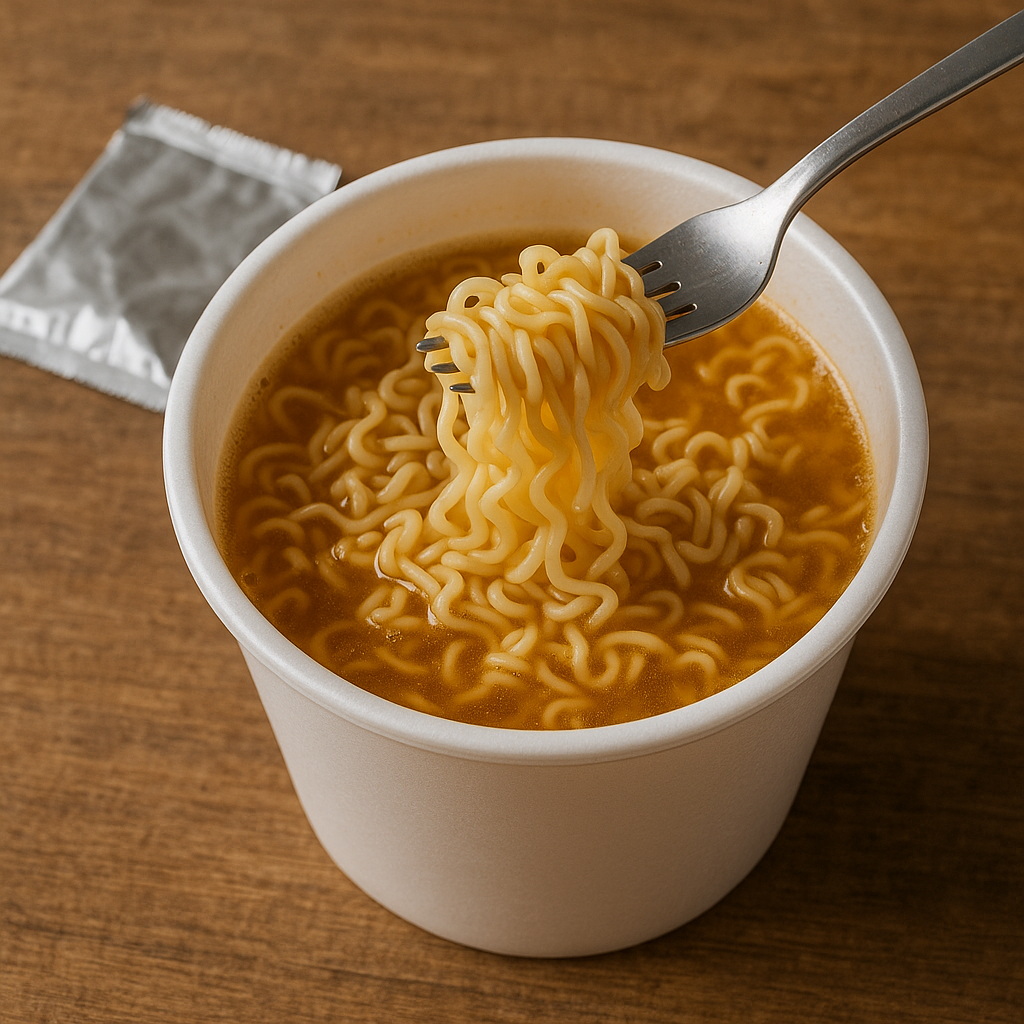 Bowl of instant noodles with fork showing processed food