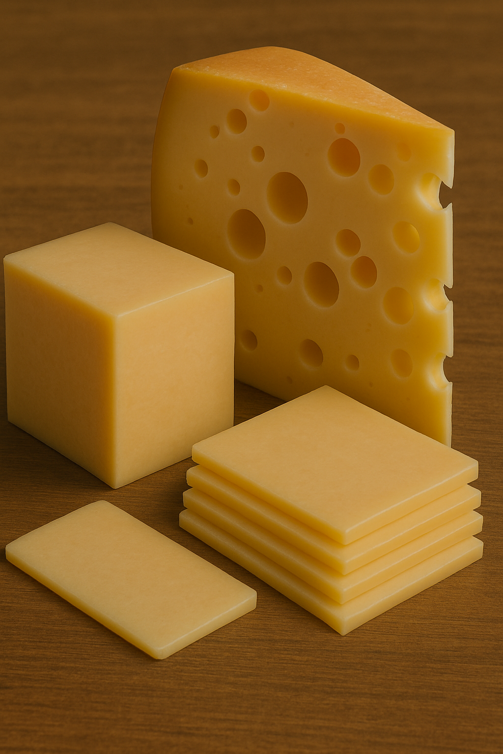 Various types of cheese blocks and slices