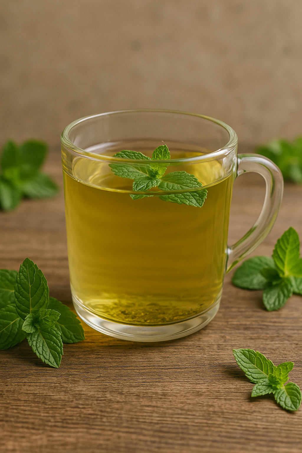 Glass mug of peppermint tea with fresh mint leaves on wooden surface for bloating relief