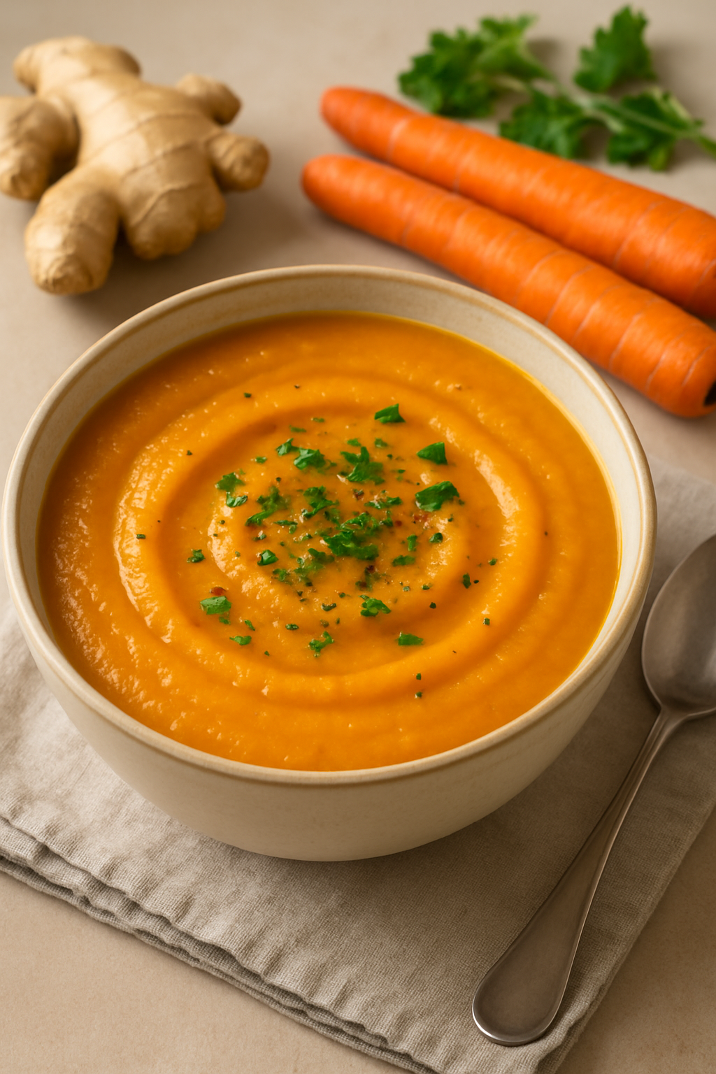 Warm, digestive-friendly soup with healing ingredients like ginger and carrots
