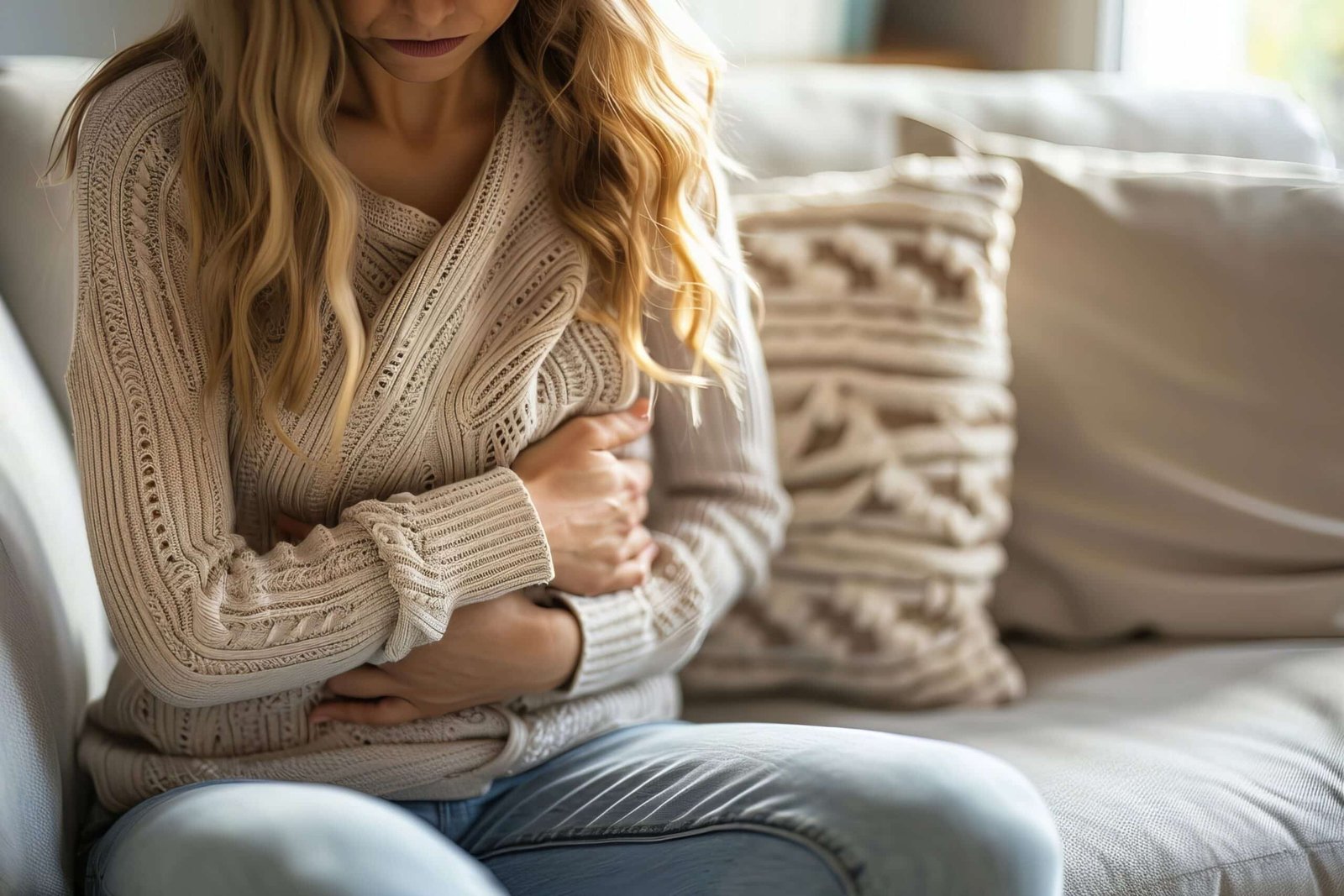 Woman holding her gut in pain